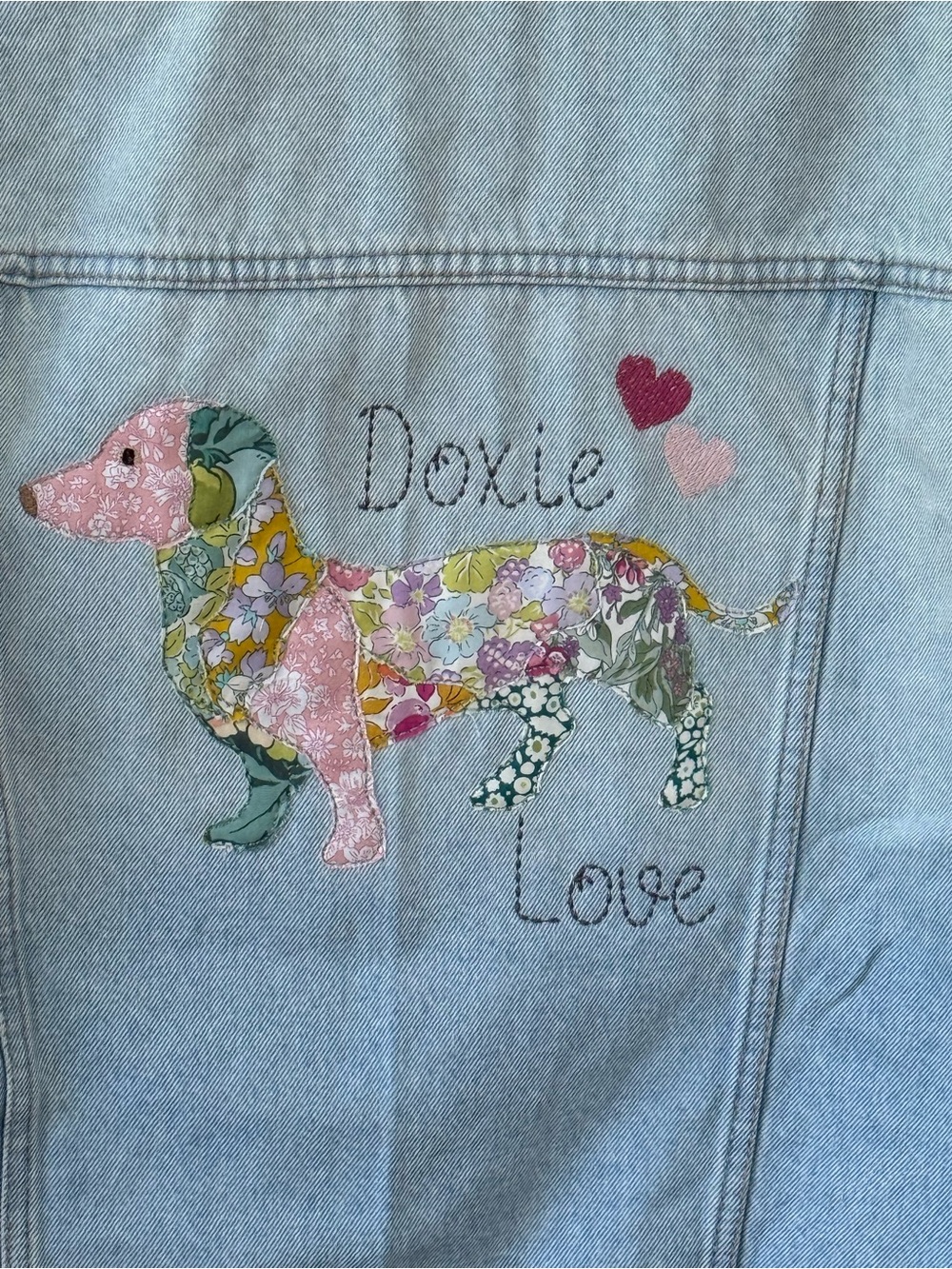 Size M-L Floral Doxie Raw Edge Patchwork Applique Denim Oversized Jacket